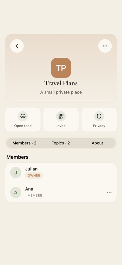 Shalin group detail screen with members, topics, and privacy controls