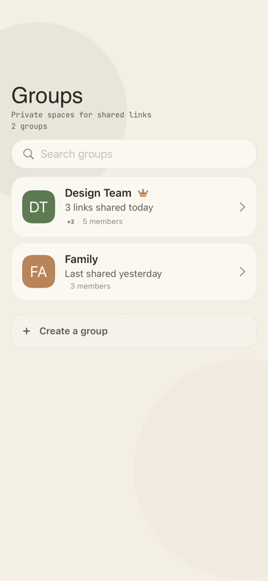 Shalin groups screen showing private spaces for shared links