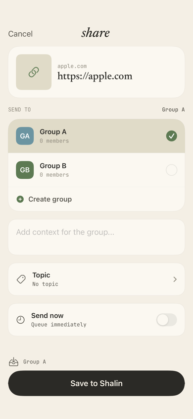 Shalin share extension for saving a link into a group