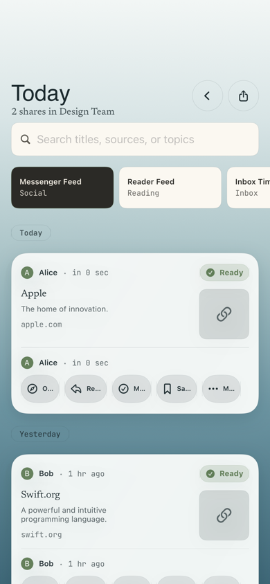 Shalin timeline showing shared links and saved references